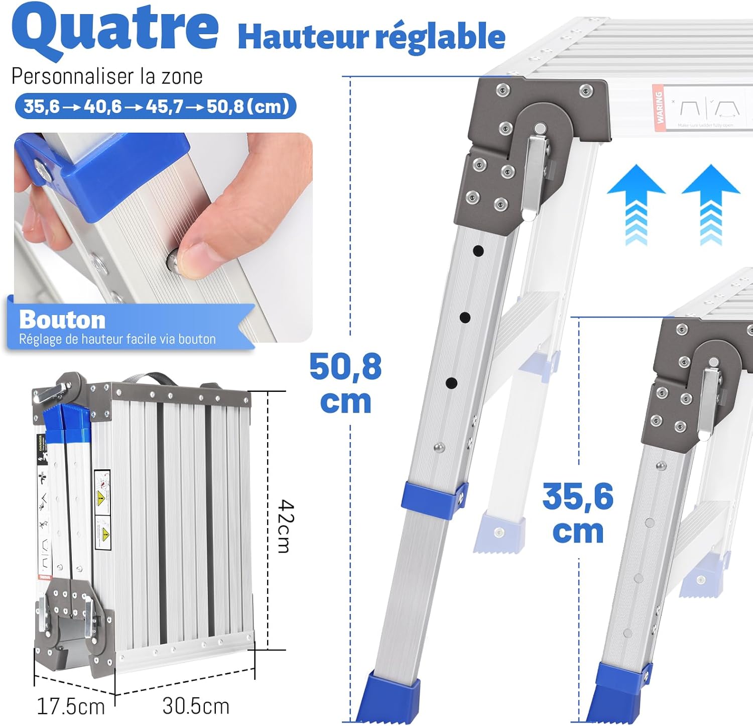 Plateforme de Travail pour Escalier pour Work & Access jusqu'à 362 kg, Aluminium Plateforme de Travail, échelle à Marches Réglable en Aluminium avec Verrous de Sécurité, Palier