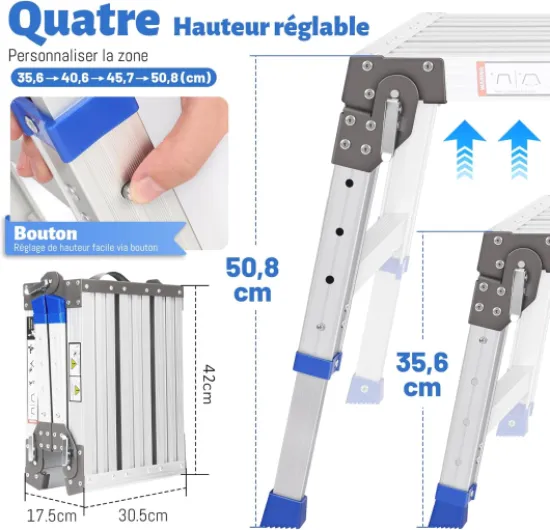 Plateforme de Travail pour Escalier pour Work & Access jusqu'à 362 kg, Aluminium Plateforme de Travail, échelle à Marches Réglable en Aluminium avec Verrous de Sécurité, Palier