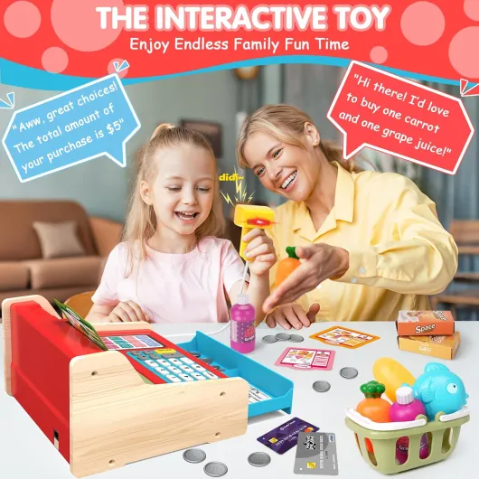 2025 Caisse Enregistreuse en Bois avec Scanner Calculatrice Jouet Enfant 3+ Ans, Faire Semblant de Jouer Magasin Jouets Cadeaux éducatifs pour Filles Garçons 3 4 5 6 7 Ans, Rouge&Bleu Rouge+bleu
