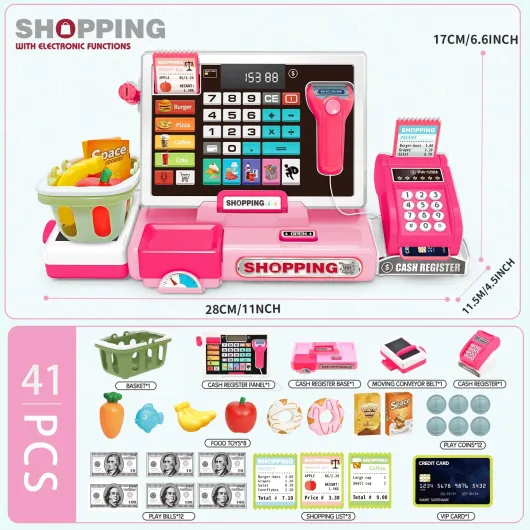 Jouet Caisse Enregistreuse,Jouer Supermarché Magasin Jouet avec Une Calculatrice réelle, Scanner, Carte de crédit, Jouer avec de la Nourriture,Jeu de Rôle pour Garçon Fille de 3+ Ans Rose