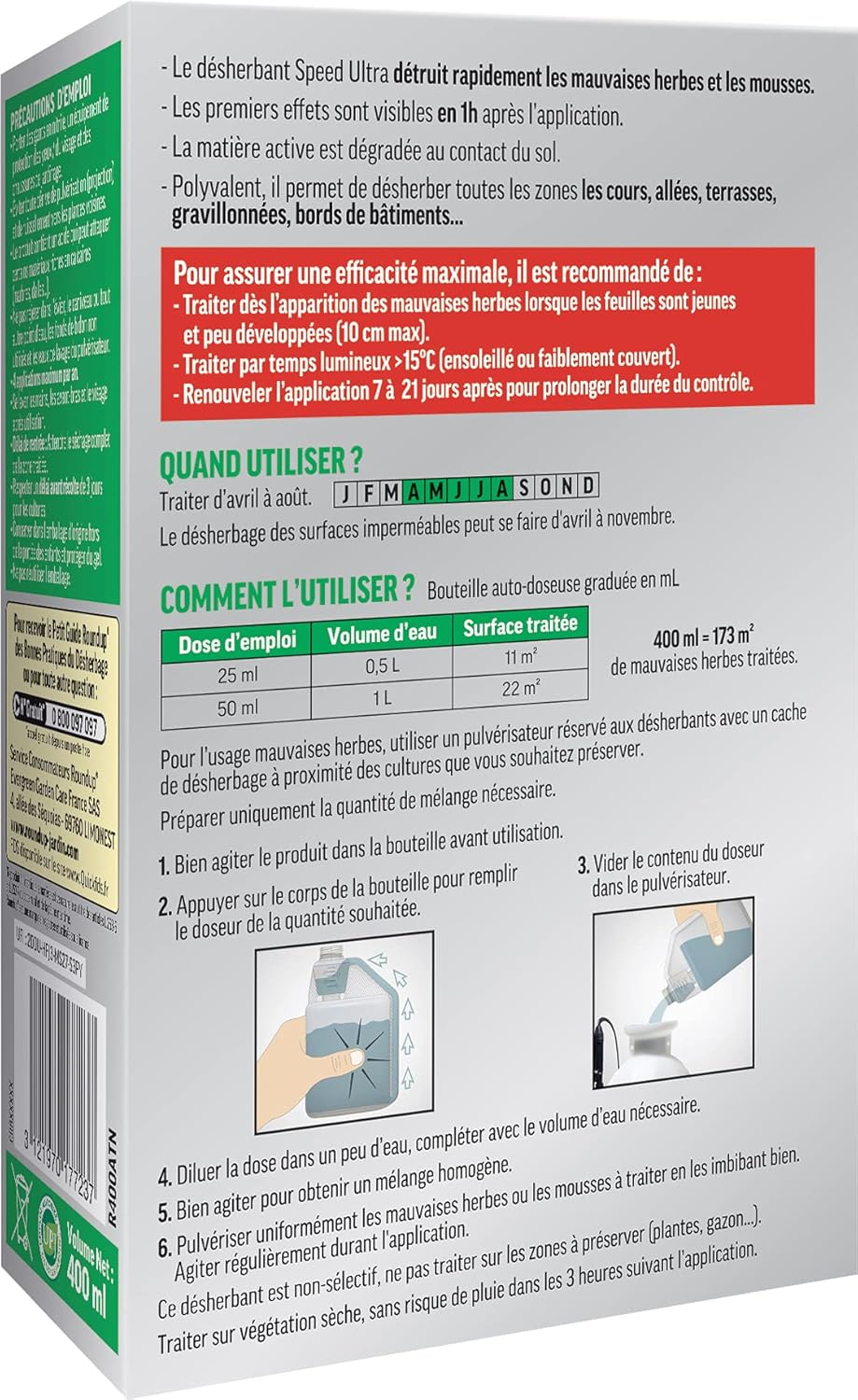 Désherbant Concentré Cours, Allées & Terrasses – Action 2-en-1 Mauvaises Herbes & Mousses – Effets en 1h – 400ml