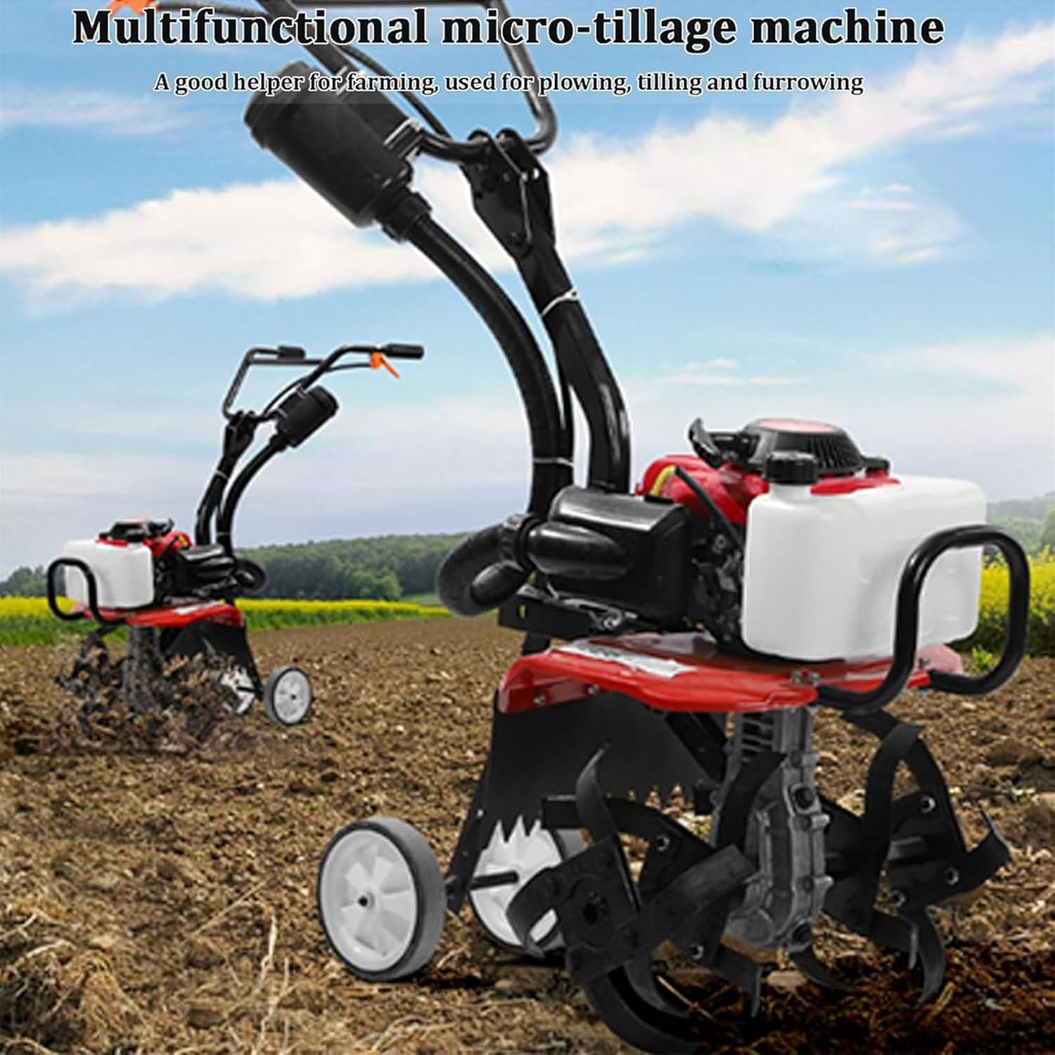 Motoculteur à gaz, moteur 4 temps 55 CC avec 4 dents avant en acier pour la culture du sol de jardin et de champ, largeur 40 cm, profondeur de labour 20 cm