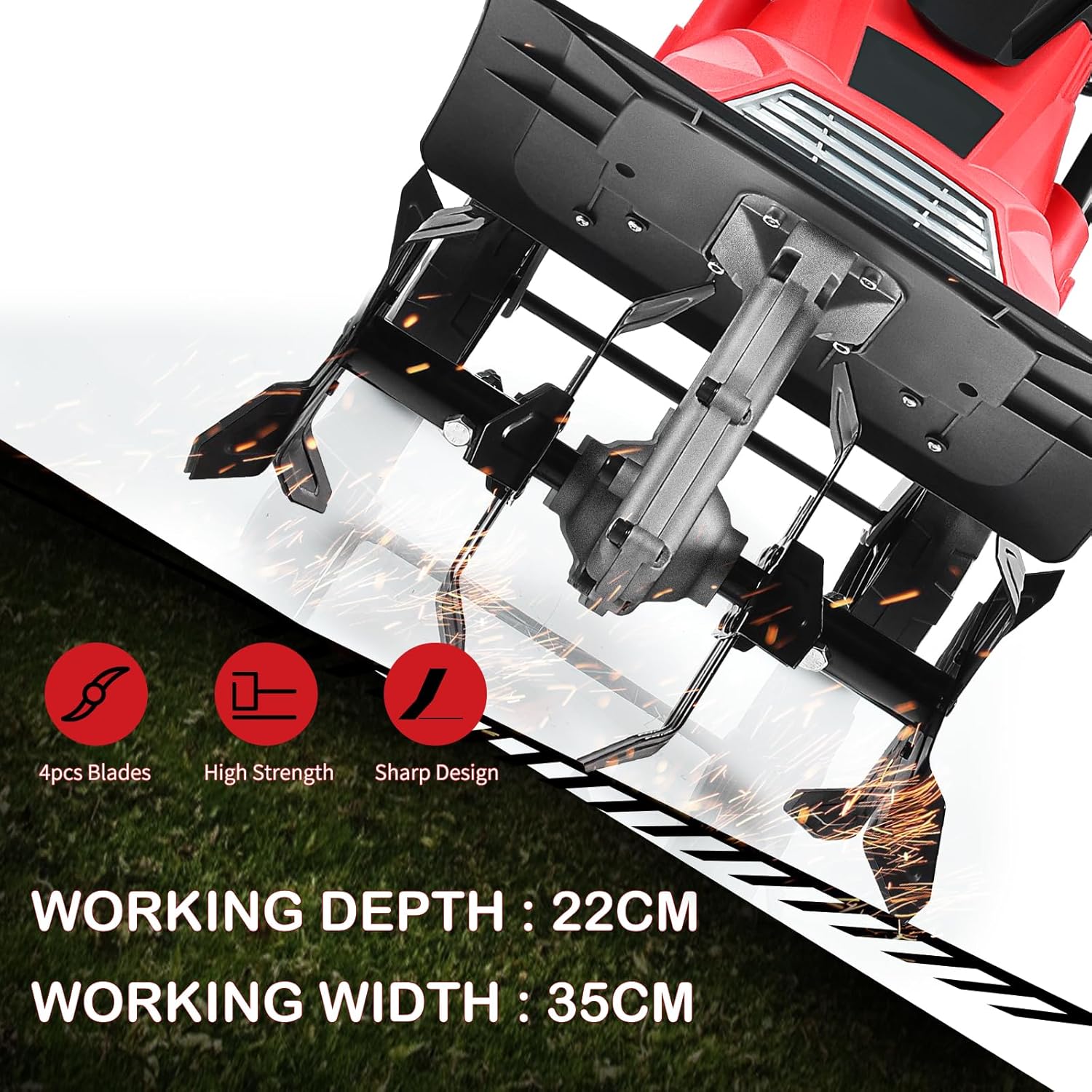Motobineuse Electrique Pliable 1200W, Largeur de Travail 36 cm, Profondeur de Travail 22 cm, 4 Fraises, Motoculteur avec Interrupteur de Sécurité (Rouge, 36 x 40 cm, avec Roues) Rouge 36 x 40 cm, avec Roues
