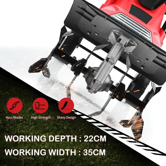 Motobineuse Electrique Pliable 1200W, Largeur de Travail 36 cm, Profondeur de Travail 22 cm, 4 Fraises, Motoculteur avec Interrupteur de Sécurité (Rouge, 36 x 40 cm, avec Roues) Rouge 36 x 40 cm, avec Roues