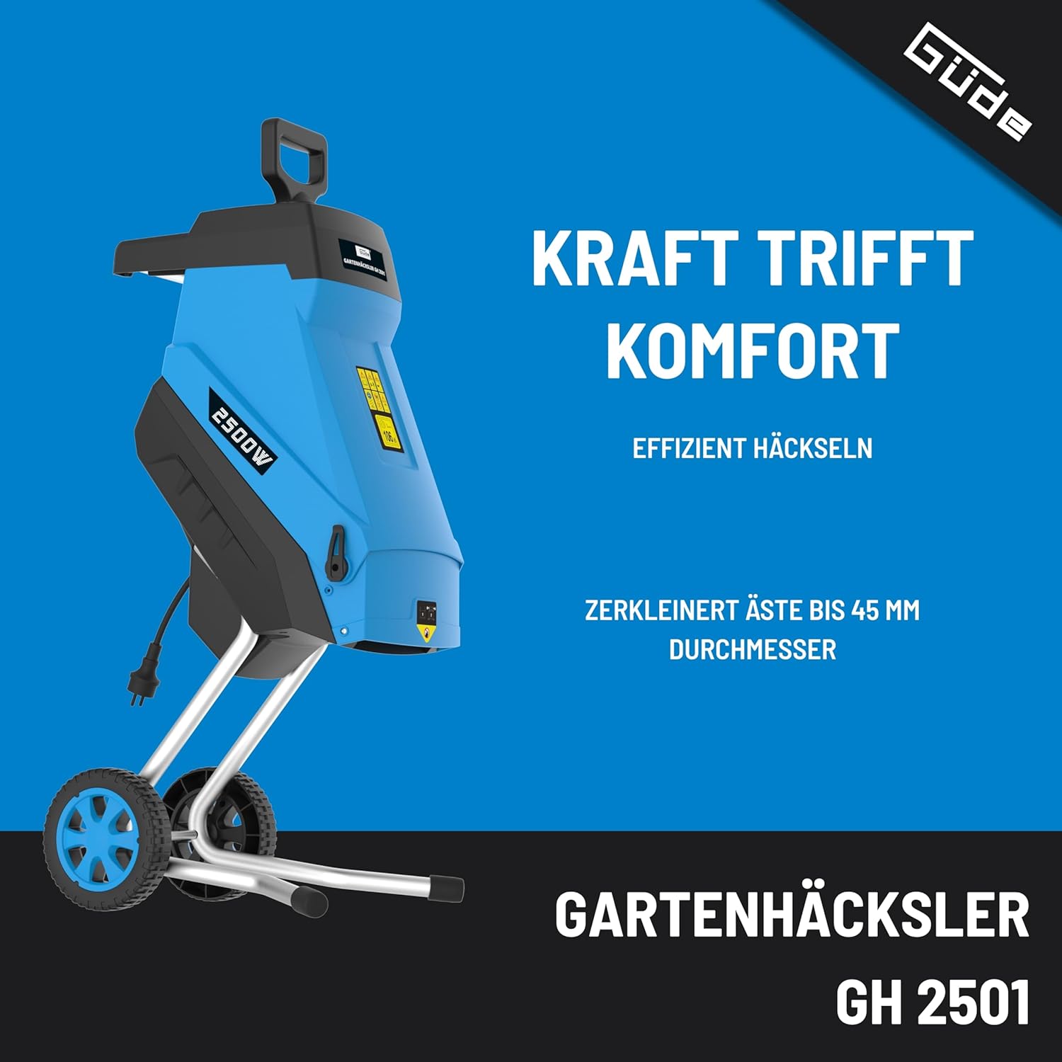 Güde 94372 GH 2501 Hachoir de jardin avec bras de suspension automatique 45 l, Bleu
