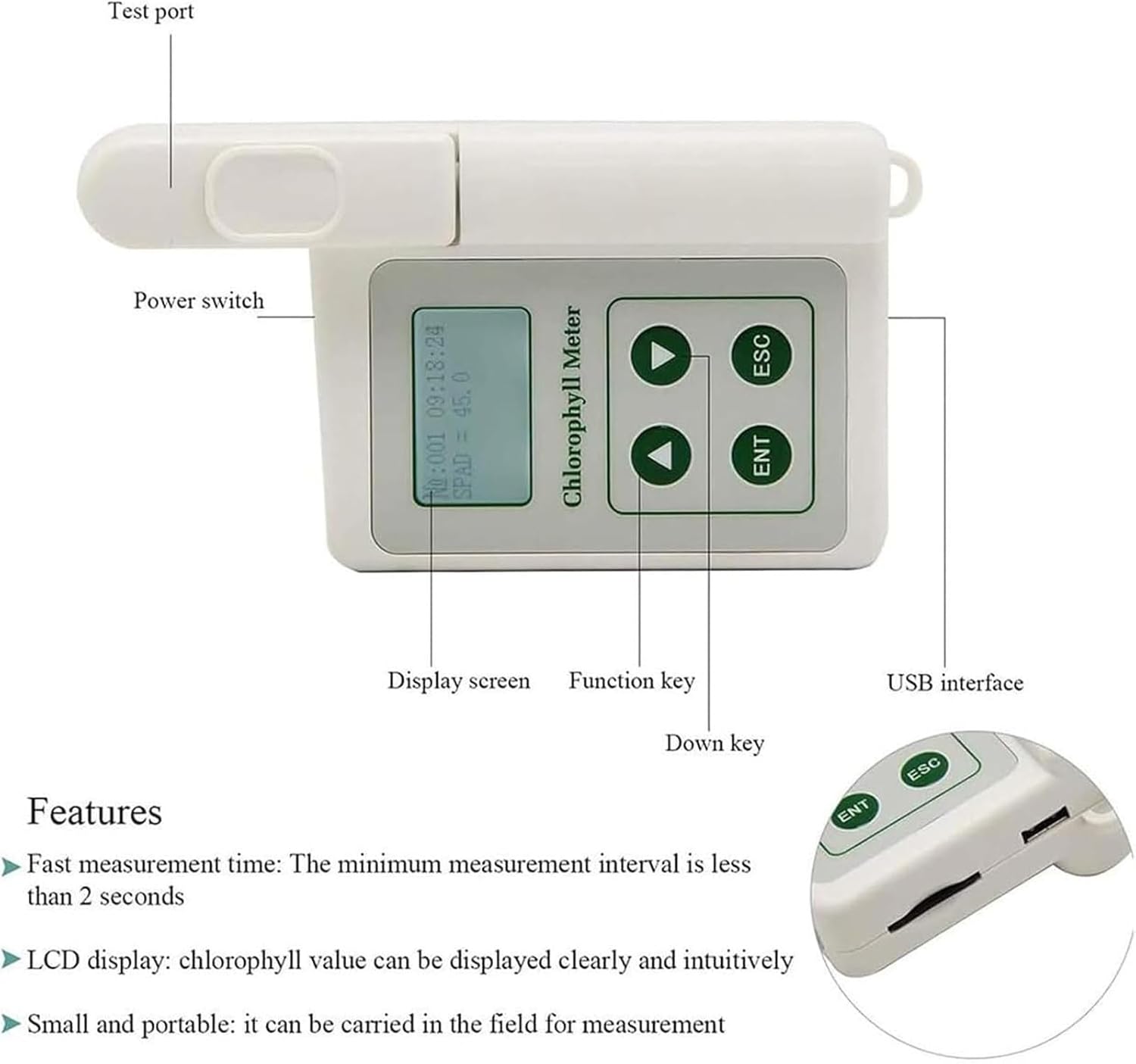 Testeur de chlorophylle numérique portable pour tester la chlorophylle végétale dans l'agriculture, le jardinage, la recherche environnementale