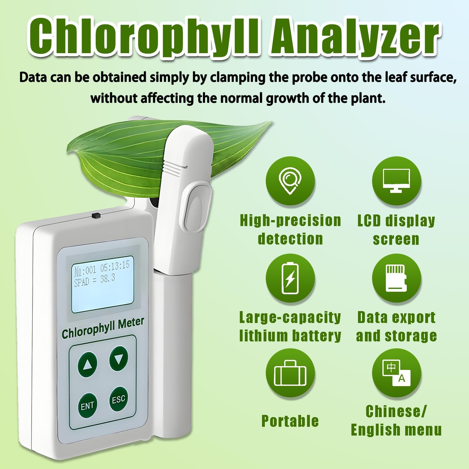 Testeur portatif de nutrition des plantes et testeur de chlorophylle – Test non destructif, précision SPAD de 0,0 à 99,9, 2 Go de stockage pour l'agriculture et le jardinage de précision