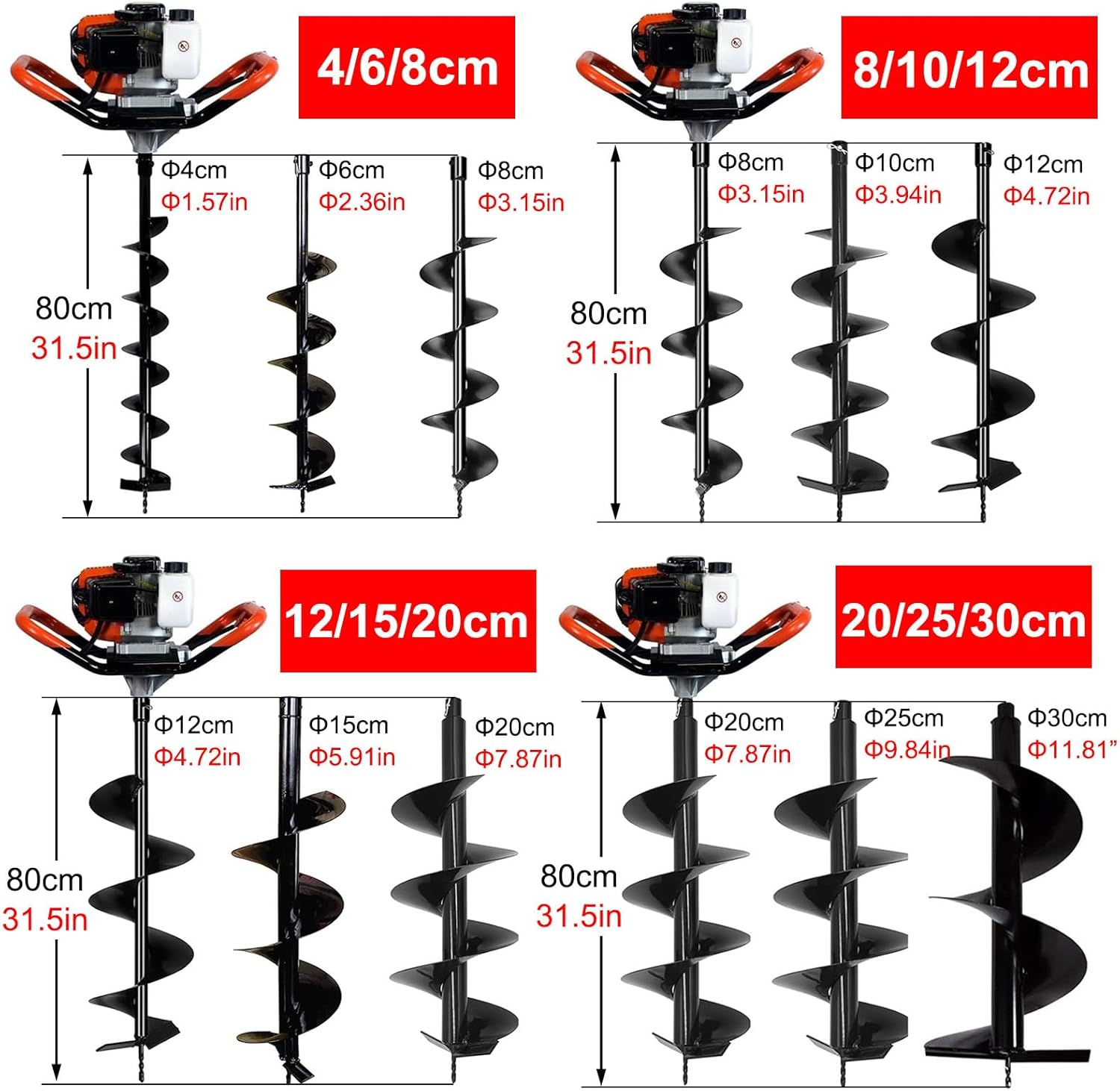 Perceuse à gaz avec 3 forets, perceuse à essence 4 temps pour jardinage et agriculture 8/10/12 Cm