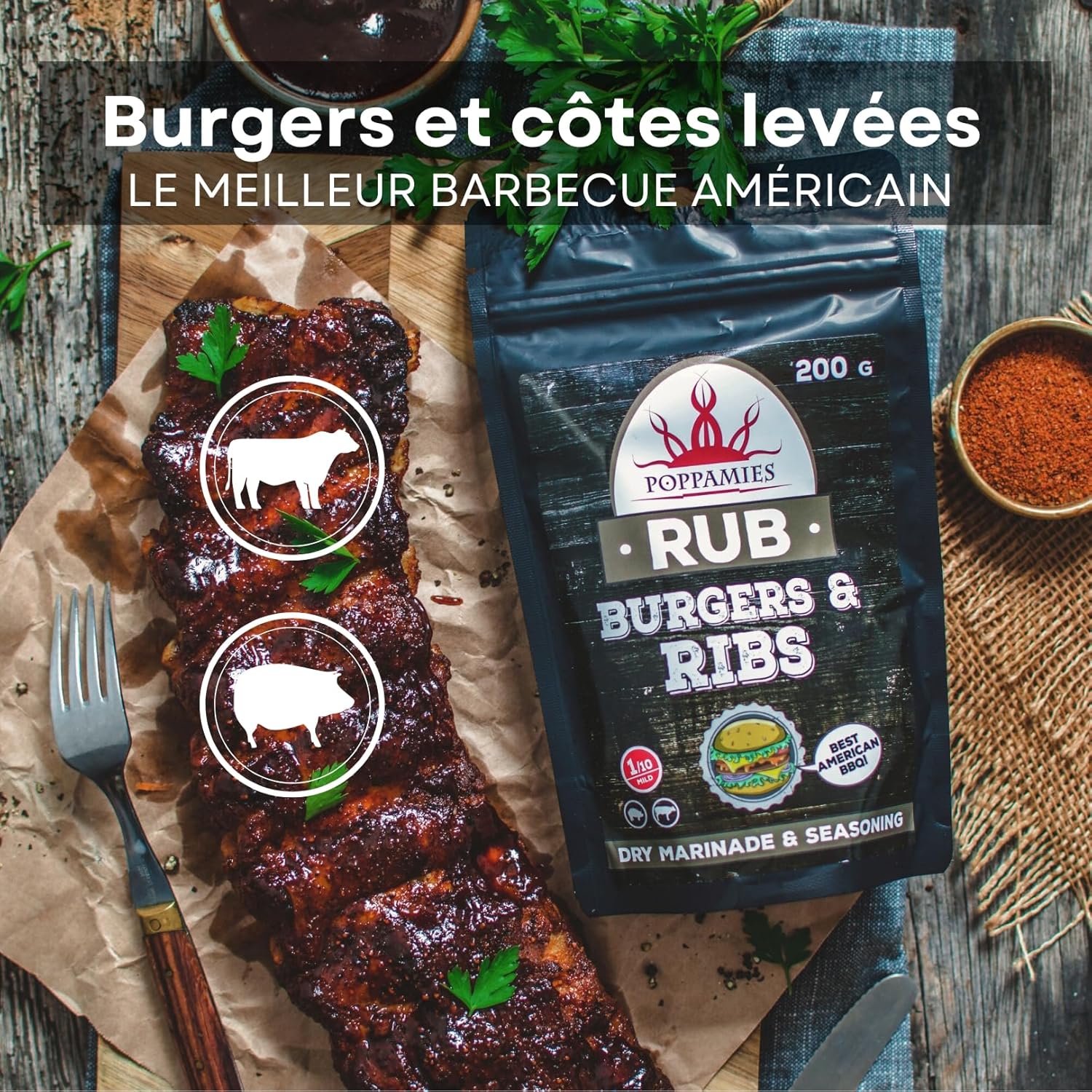 Burger's & Ribs BBQ Rub - Assaisonnement BBQ 100% Naturel - Marinade Sèche et Assaisonnement Parfait pour le Bœuf et le Porc - Idéal au Grill - Meilleur Barbecue Américain -Grand Pack (200g) Burger & Ribs Rub