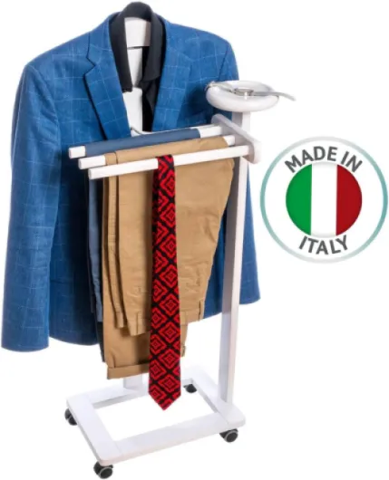 Graf – Valet de Nuit sur Roulettes, Fabriquée en Italie, Valet de Chambre avec Cintre pour Veste, Plateau à Bijoux, 3 Portant pour Pantalon Bois Blanc