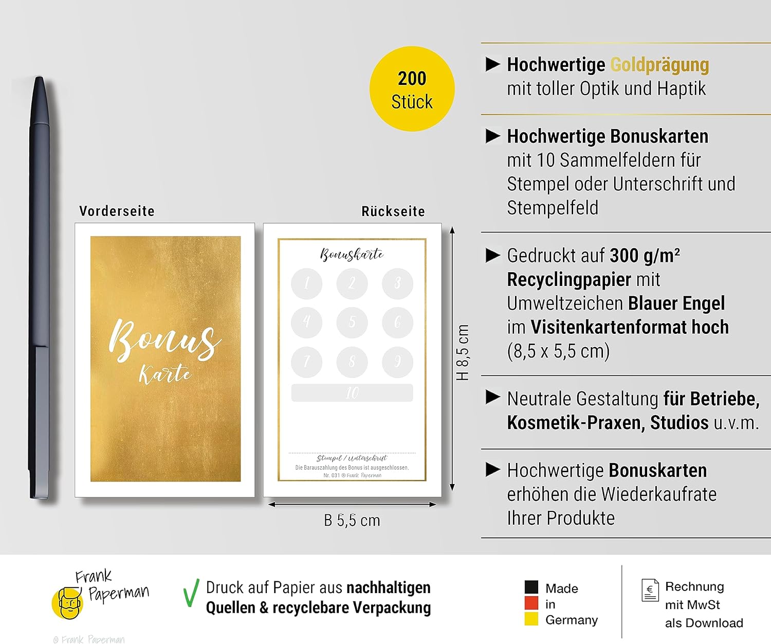 Lot de 200 cartes bonus pour clients avec gaufrage doré scintillant, 10 cartes de fidélité bonus, à tamponner, cartes de fidélité dorées, cartes de loyauté dorées