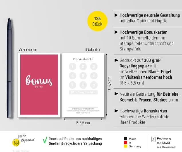 Lot de 125 cartes bonus, pour clients, magenta, format carte de visite, 10 cartes de fidélité bonus, à tamponner, cartes de loyalty rose