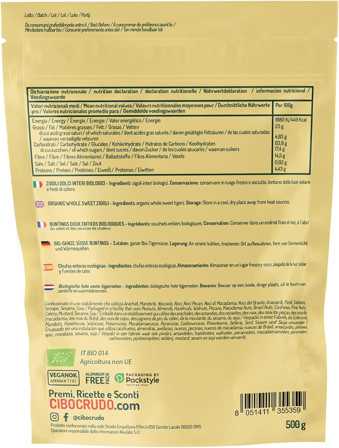 Souchet Entier Bio Décortiqué - 500g - Chufa Amande de Terre our Tiger Nuts - Sans Gluten et Cru - Tubercules Naturels et sans Pelure 500 g (Confezione da 1)