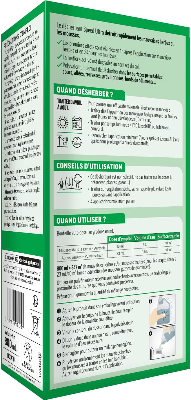 Désherbant Concentré Cours, Allées & Terrasses – Format Économique 800ml – Action 2-en-1 Mauvaises Herbes & Mousses – Effets dès 1h