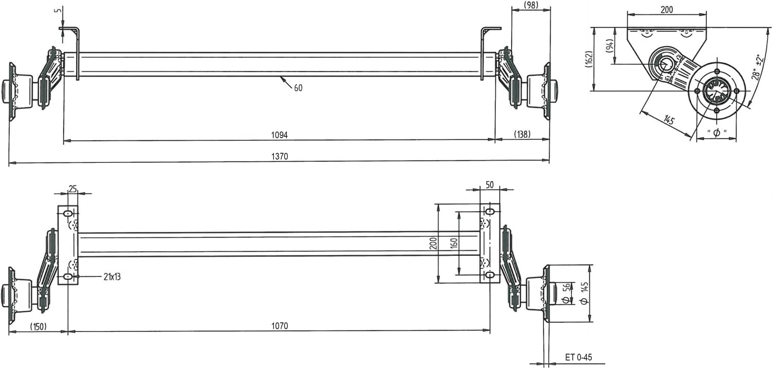 UNITRAILER Essieu de remorque 750 kg sans Frein Knott VG7 1070 mm, 1370 mm – Montage par boulons - Suspension à Torsion en Caoutchouc - essieu galvanisé prêt à Installer