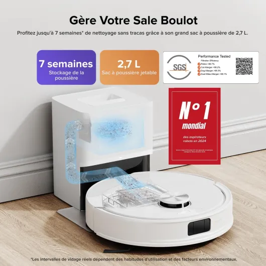 Q10 S5+ Aspirateur Robot Laveur avec Station, 10000 Pa Aspiration, Vidage Automatique, Double Anti-emmêlement, Système VibraRise 2.0, Navigation & Cartographie, Évitement d'obstacles, APP Blanc