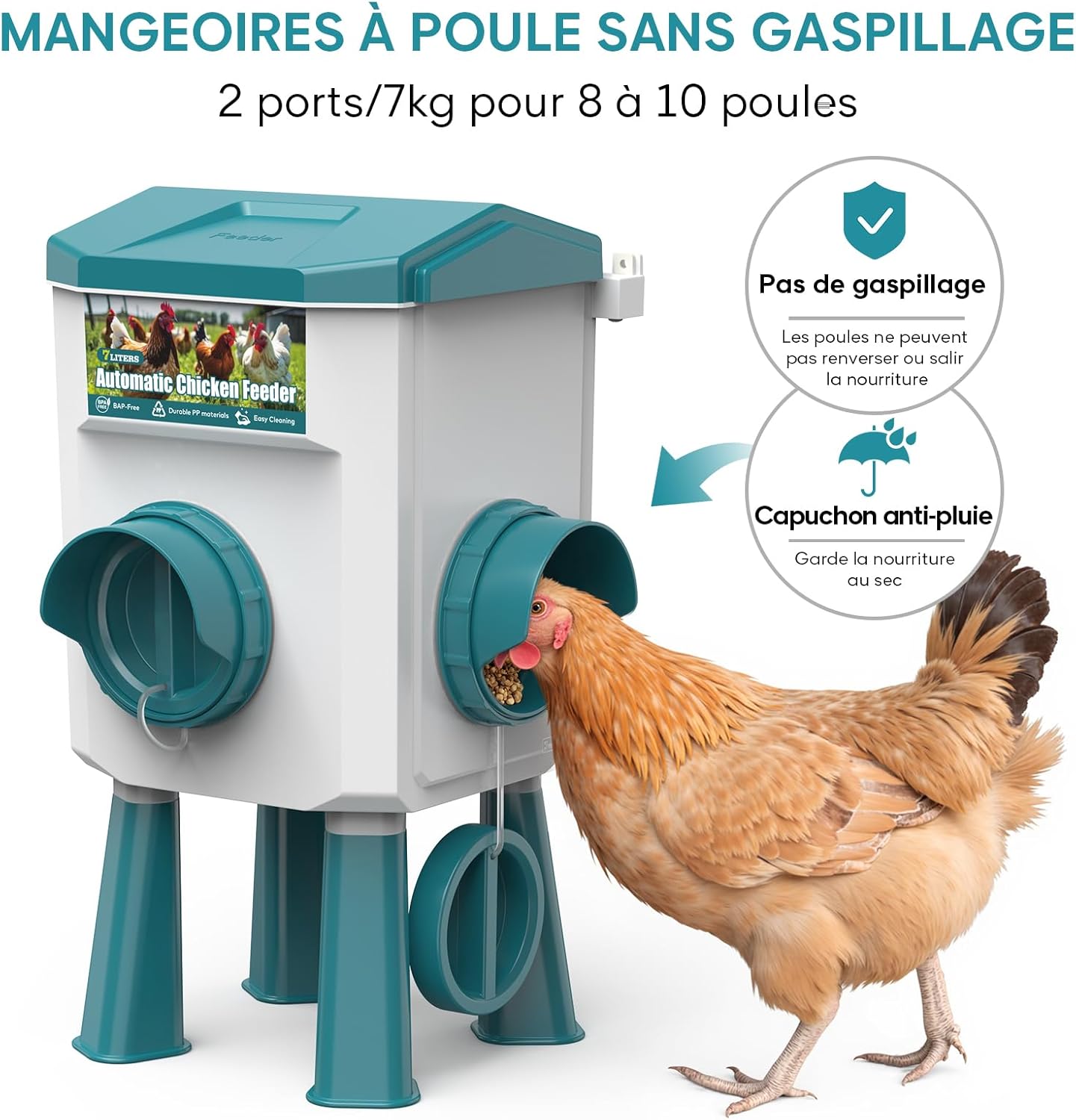 Mangeoire Poules Anti Nuisible 7kg, CHAMUTY Mangeoire Poule Automatique avec sans Gaspillage 2 Ports, Distributeur Graines Poules, Mangeoire Automatique Poule pour Poulets, Canards, Oies, Oiseaux