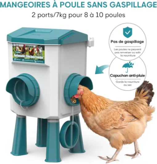 Mangeoire Poules Anti Nuisible 7kg, CHAMUTY Mangeoire Poule Automatique avec sans Gaspillage 2 Ports, Distributeur Graines Poules, Mangeoire Automatique Poule pour Poulets, Canards, Oies, Oiseaux
