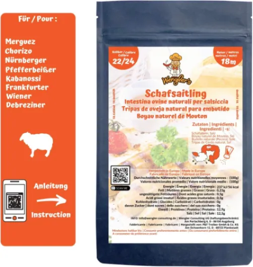 Boyau de Mouton Naturel - Comparable à celui des charcuteries - Résistant à la cuisson - Convient pour le fumage et le barbecue (22/24 18m)