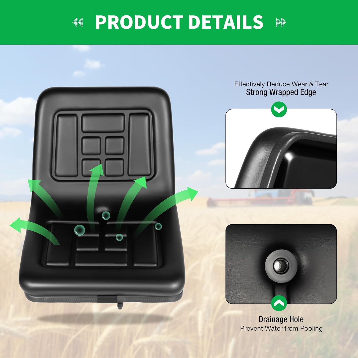 Siège de tracteur, siège de tracteur, siège de tracteur, siège de pelleteuse, tondeuse autoportée, 44,5 x 35,5 x 33,5 cm, PVC, noir, siège de tracteur pour machines agricoles