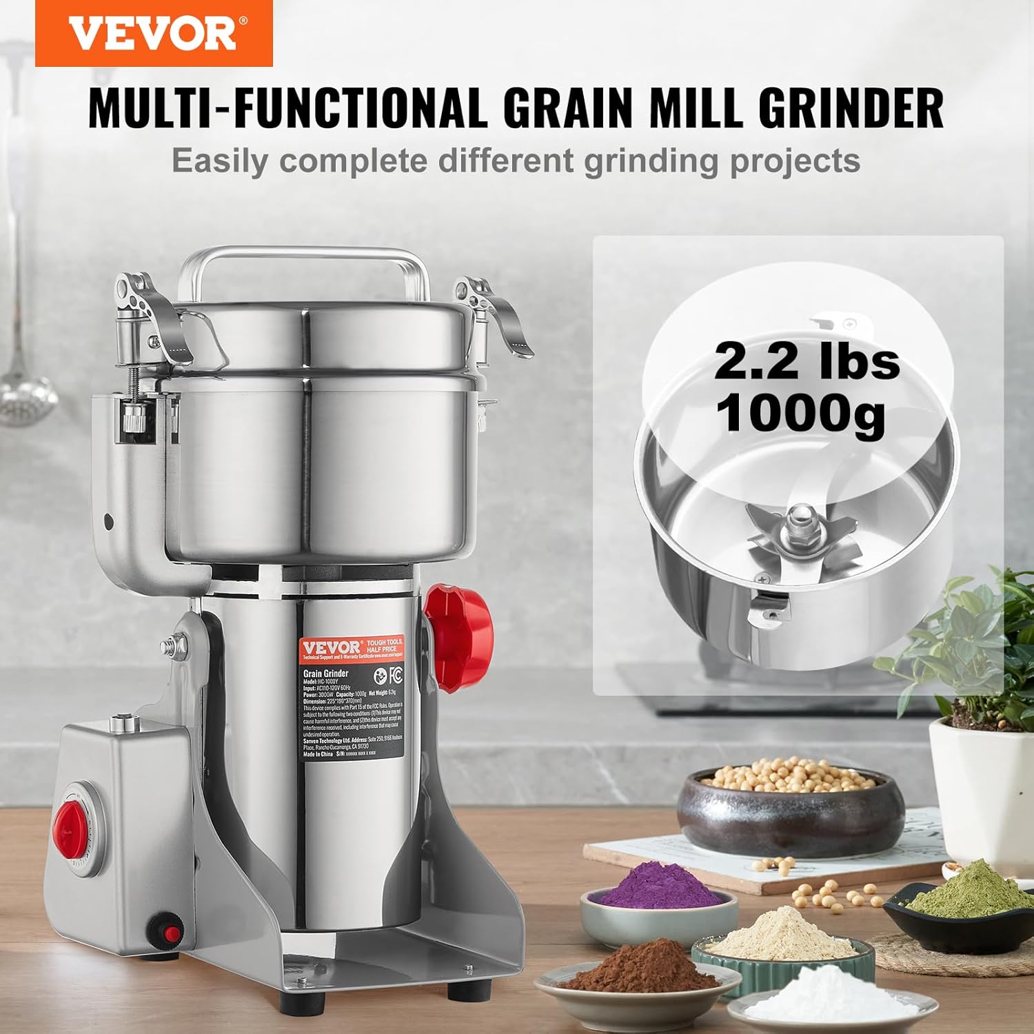 Moulin à épices Électrique 1000 g, Broyeur à Grains Commercial 3000 W Haute Vitesse, Moulin à Farine en Acier Inoxydable, Type Oscillant, pour Moudre Rapidement Céréales Épices Herbes Cafés