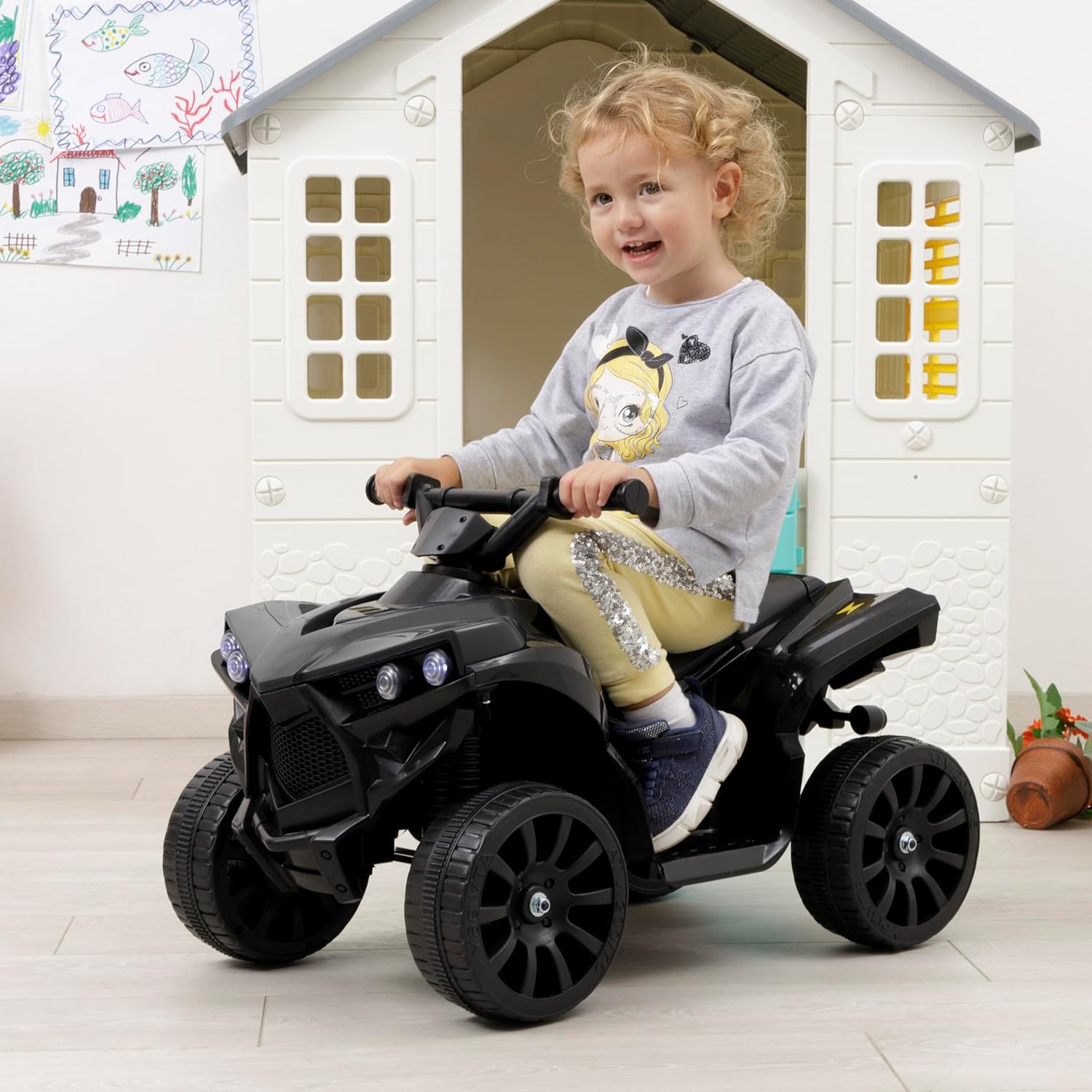 Baroni Toys Quad électrique pour Enfants 1-4 Ans avec Guidon, Effets sonores et Lumineux, Quad avec Marche Avant et arrière, Batterie Rechargeable 6 V, Facile à Assembler, 70x42x45 cm (Noir)