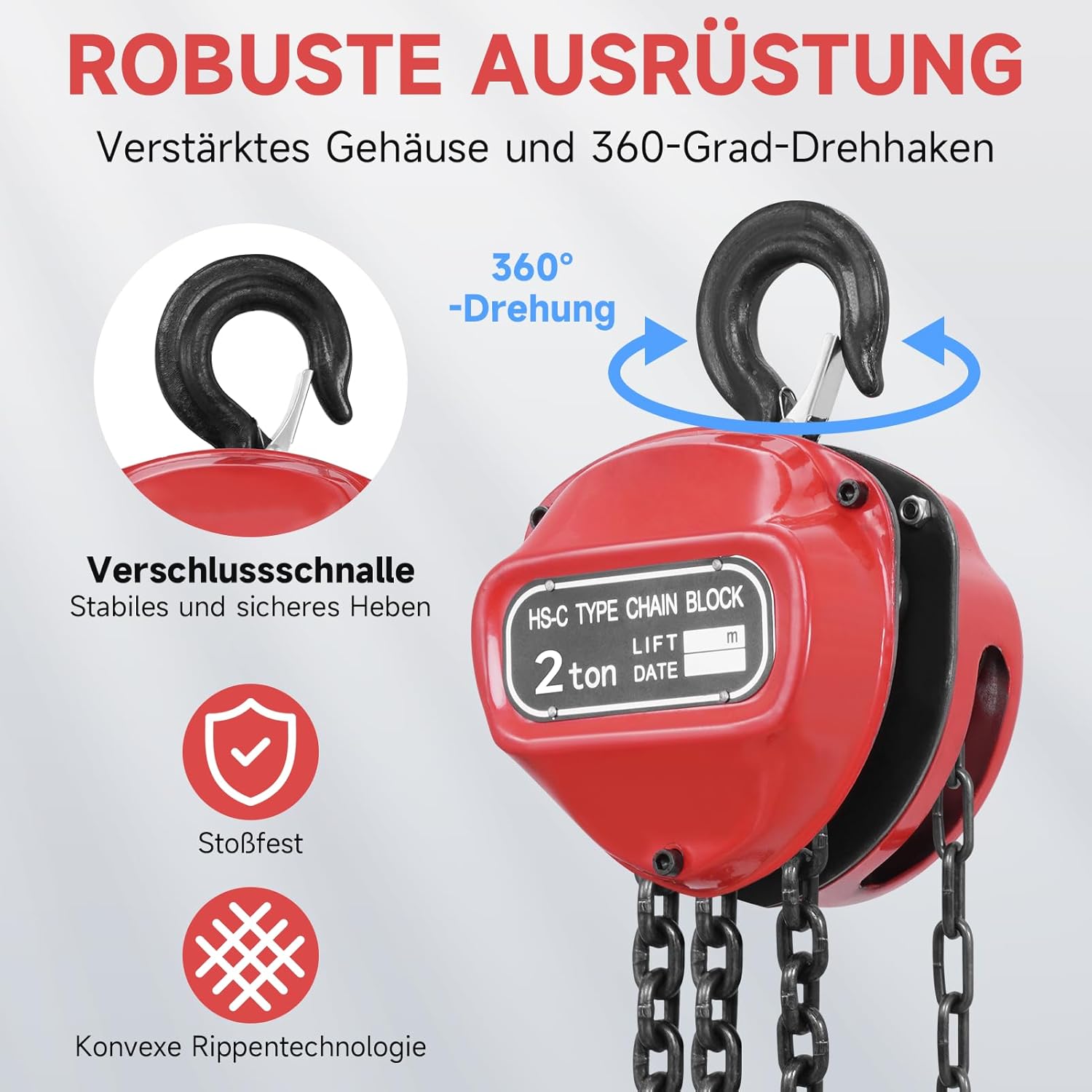 Treuil manuel 2T - Chaîne entièrement galvanisée - Sans huile - Charge maximale - Palan à cliquet - Chaîne de 3 m - Pour forestier et atelier