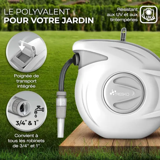 TRESKO Polychlorure de vinyle (PVC) Enrouleur Tuyau Arrosage 30m + 2m - Pivotant à 180 Degré - Dérouleur Tuyau - Rétractation Automatique - Support Mural INCL, Lance d'arrosage et Matériel de Montage