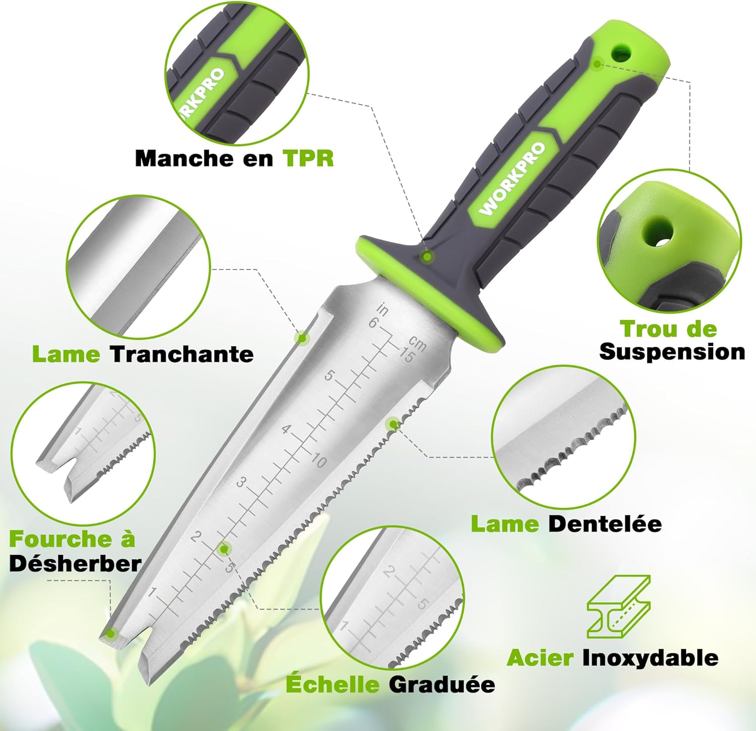 Couteau de Jardin avec Gaine Oxford, Lame en Acier Inoxydable, Dentée, Droit et Fourche à Désherber, Outil Multifonction pour Désherbage, Plantation et Creusage