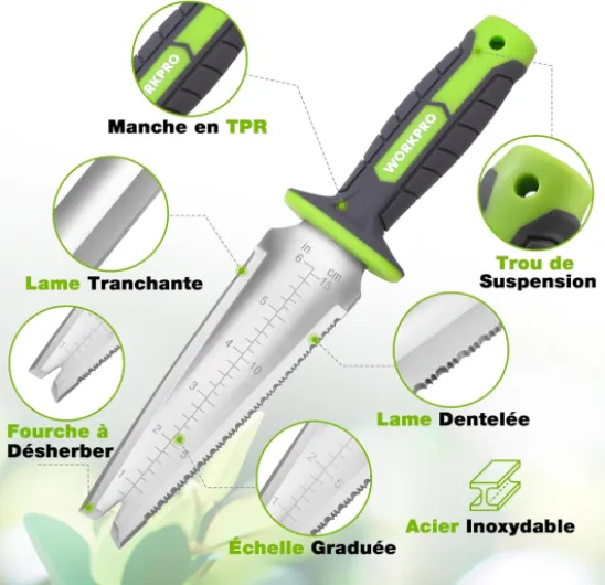 Couteau de Jardin avec Gaine Oxford, Lame en Acier Inoxydable, Dentée, Droit et Fourche à Désherber, Outil Multifonction pour Désherbage, Plantation et Creusage