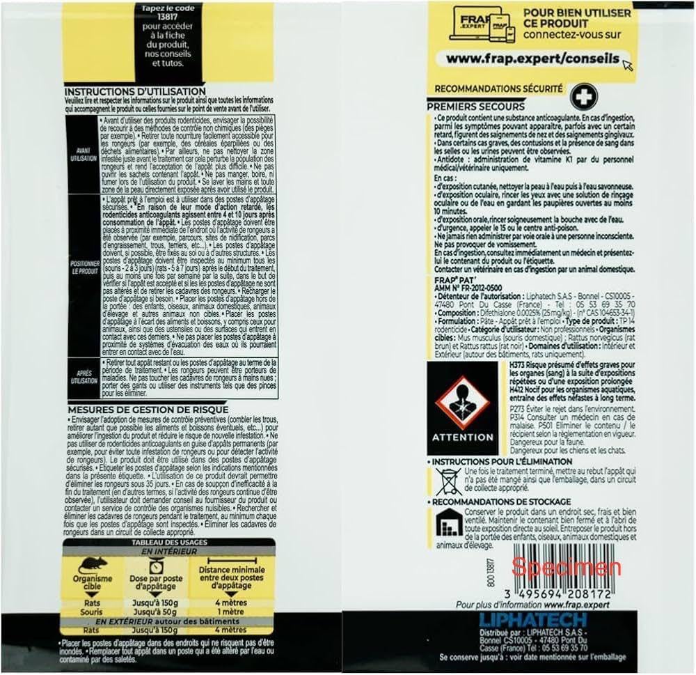 Pack Raticide Professionnel Rats & Souris Diféthialone 0,25% – Appât Très Puissant Rats Résistants – Infestations Sévères Maison Cave Grenier – Sachet Blanc - 150 g Blanc 1