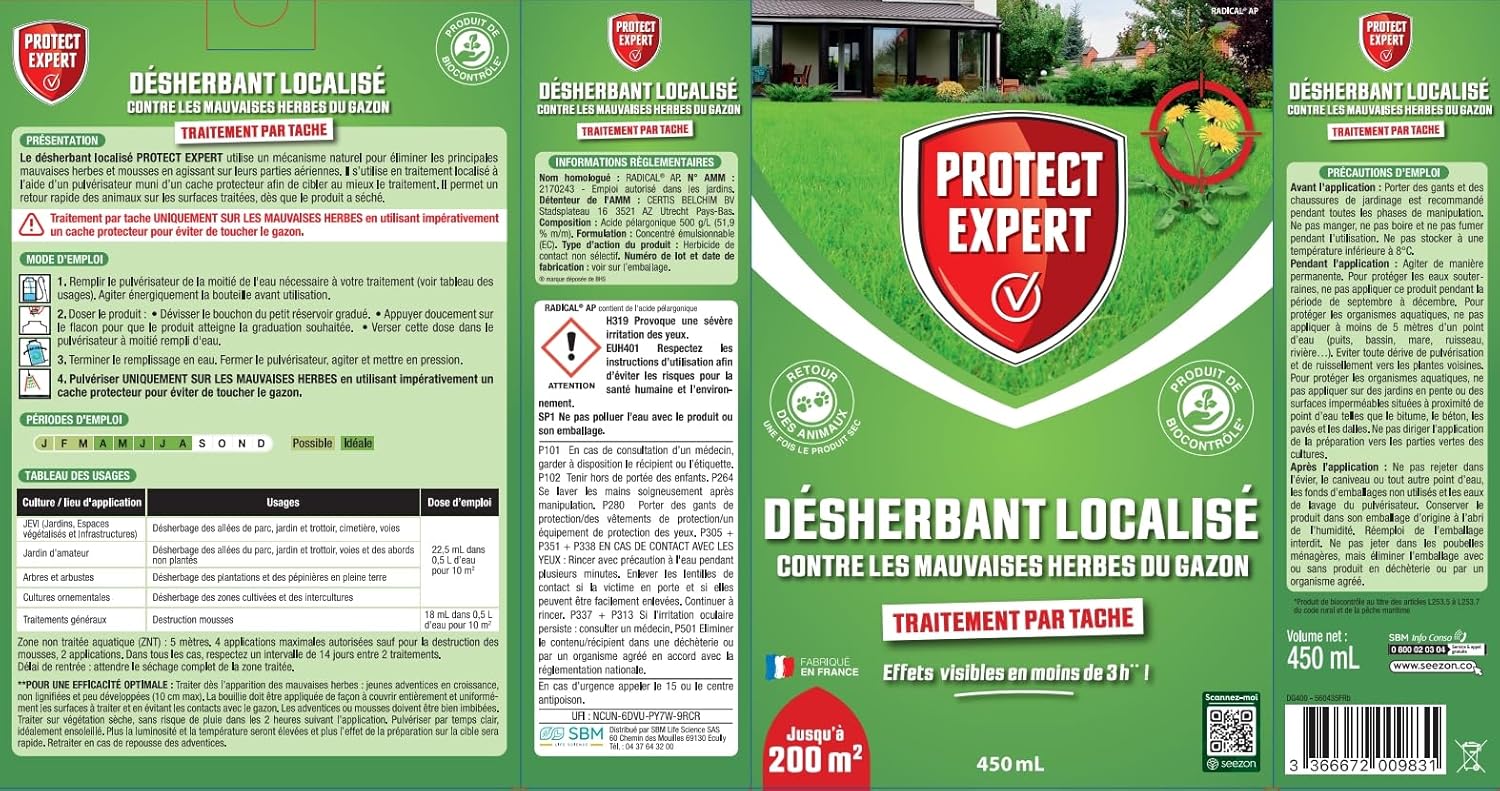 Désherbant Concentré Localisé Contre Les Mauvaises Herbes Du Gazon - 450ml - Soit 200 m² - Non Sélectif - Bidon Doseur DG400 Désherbant Concentré 450ml