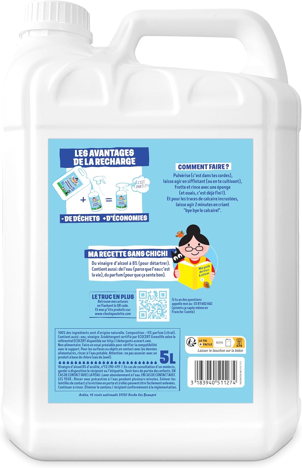 Vinaigre Ménager Citron - Nettoyant Détartrant Multi-Surfaces Ecocert - Fabriqué en France - 5 L 5 l (Lot de 1) Citron 8°