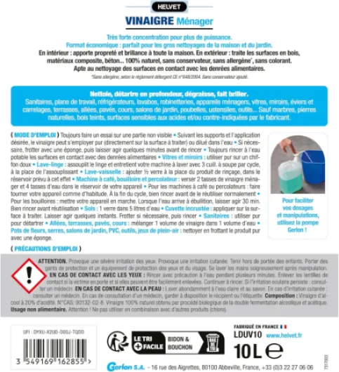 HELVET VINAIGRE BLANC MENAGER 20 Degrés – SUPER CONCENTRE – Gros Format 10L pour le Nettoyage de la Maison et des Extérieurs – Produit 100% Naturel