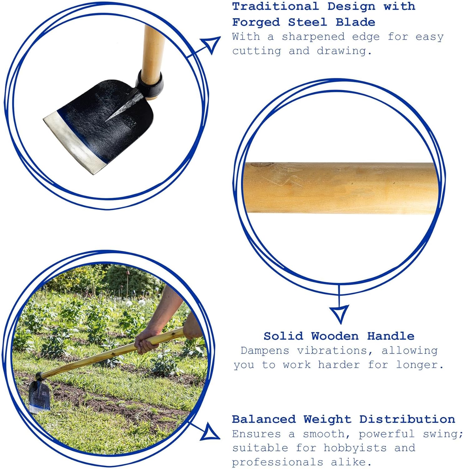 Harbour Housewares Houe à creuser Azada avec manche en bois - 110 cm - Houe de jardin pleine grandeur, outils de jardinage pour le jardinage, creuser le sol, le désherbage, l'aménagement