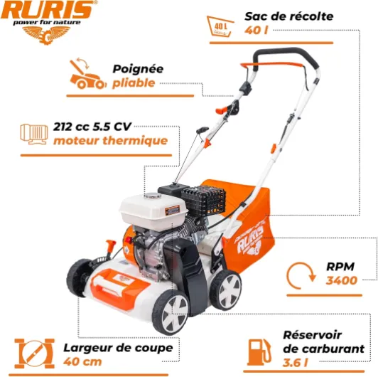 RURIS RXH909 Scarificateur Aerateur Thermique - 4 Temps Moteur 212 cc 5.5 CV 3400 tr/min Largeur 400 mm Bac 40 L Cuve 3.6 L Carter en Fer Thermique 5,5 CV