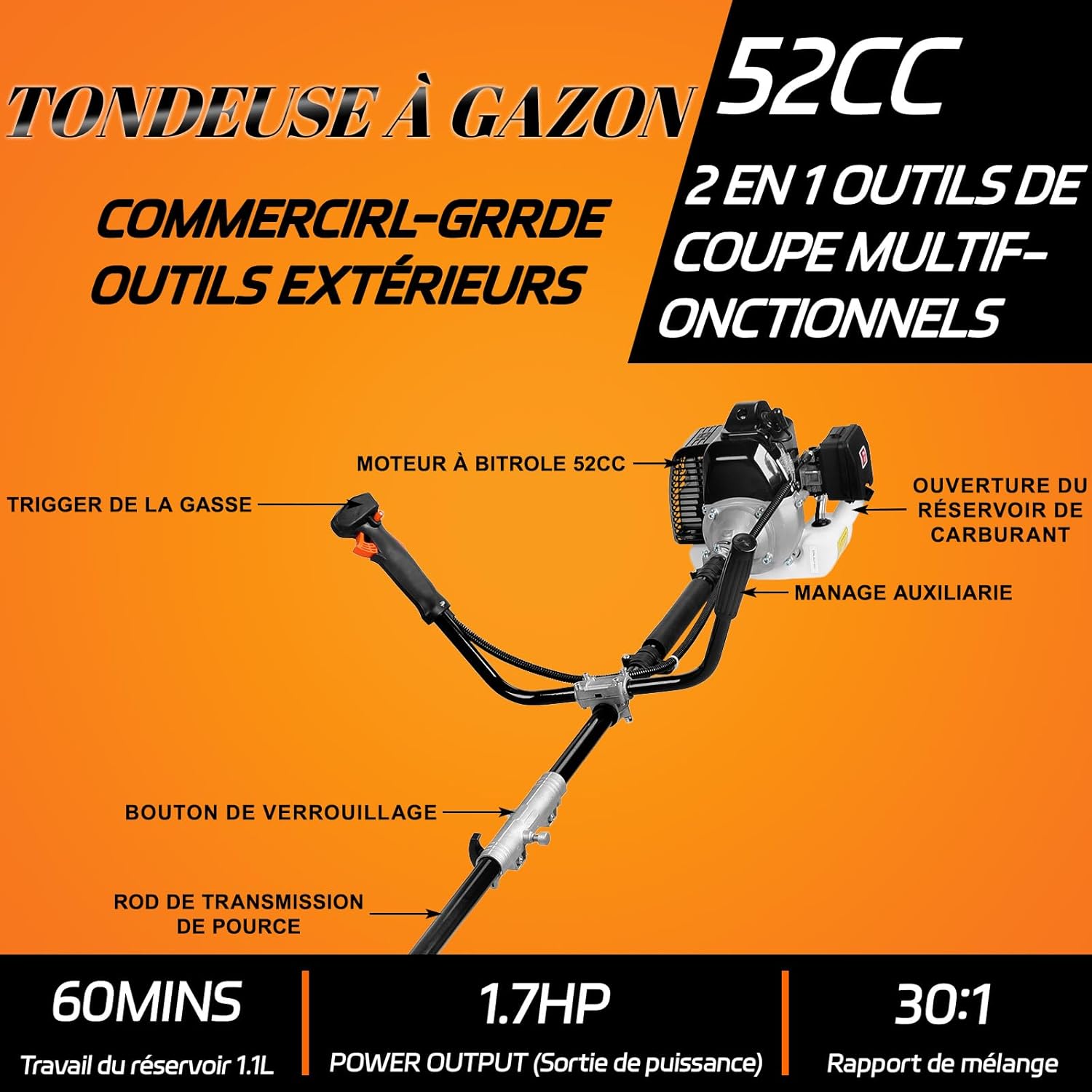 Débroussailleuse Thermique à Essence 52CC 2 Temps, 2 en 1 Multifonction avec Moteur 1.7HP, Coupe-Bordures et Taille-Haies, Kit Complet avec Harnais, Lame Métallique, Tête de Coupe, Lunettes