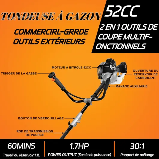 Débroussailleuse Thermique à Essence 52CC 2 Temps, 2 en 1 Multifonction avec Moteur 1.7HP, Coupe-Bordures et Taille-Haies, Kit Complet avec Harnais, Lame Métallique, Tête de Coupe, Lunettes