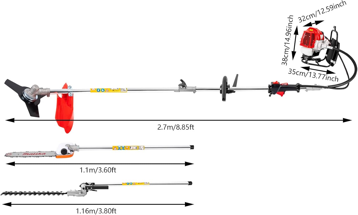 DéBroussailleuse à Essence 2 Temps 4 en 1 Multifonction, 52 CC DéBroussailleuse à Essence Coupe-Bordure Garden Tool avec Rallonge Appareil Combiné Taille-Haie SystèMe Combiné éLagueuse
