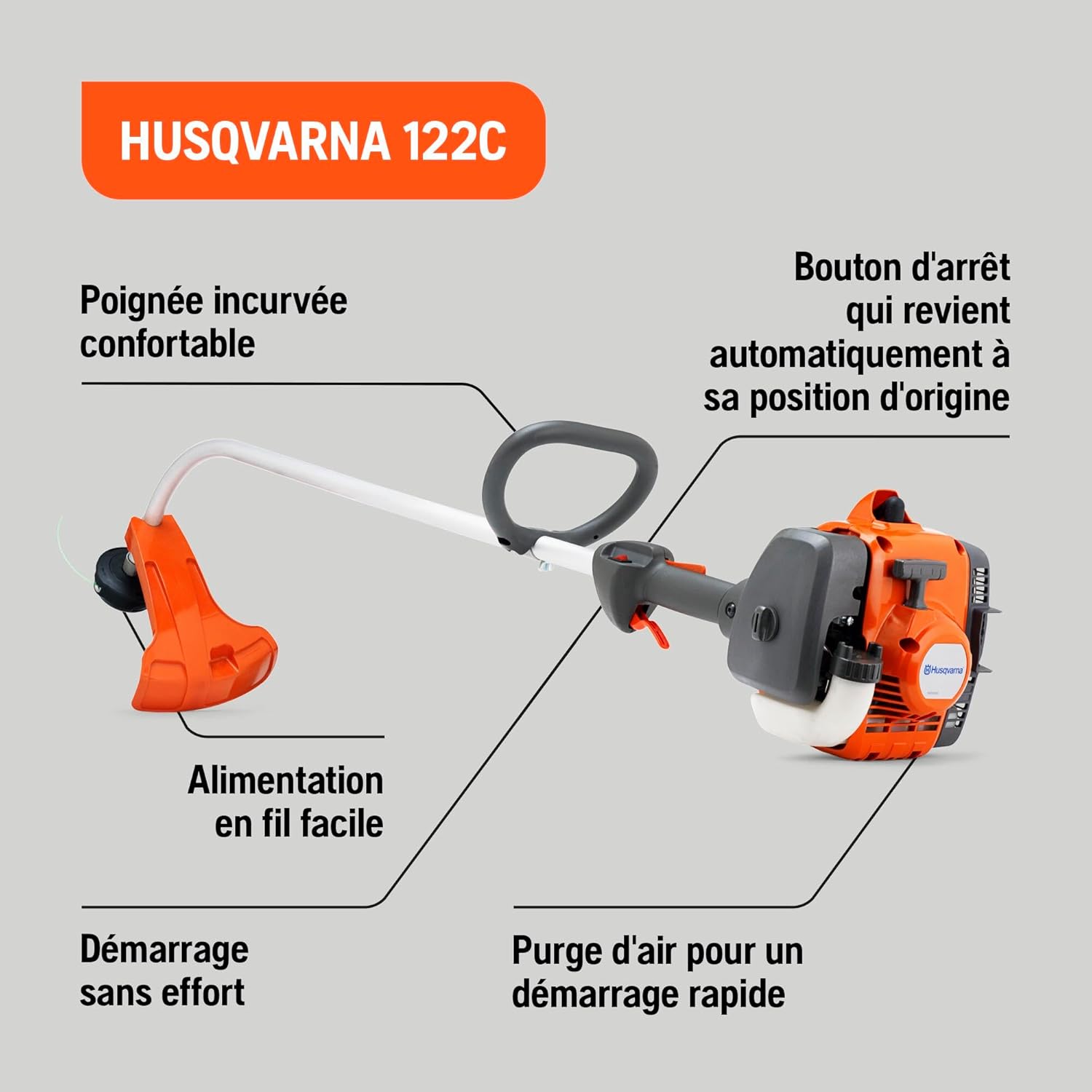 Husqvarna 122C : Coupe-Bordures Thermique 21,7cm³, Largeur de Coupe 43cm, Arbre courbé, Smart Start®, tête de Coupe Tap’n Go.