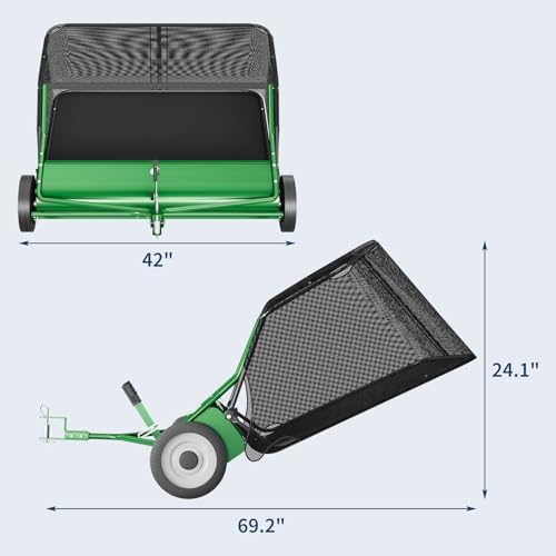 Balayeuse à gazon remorquée à l'arrière, 106,7 cm, 6,3 m³ avec corde de vidage, hauteur de balayage réglable pour une collecte efficace des débris et de l'herbe Green - 42 inches
