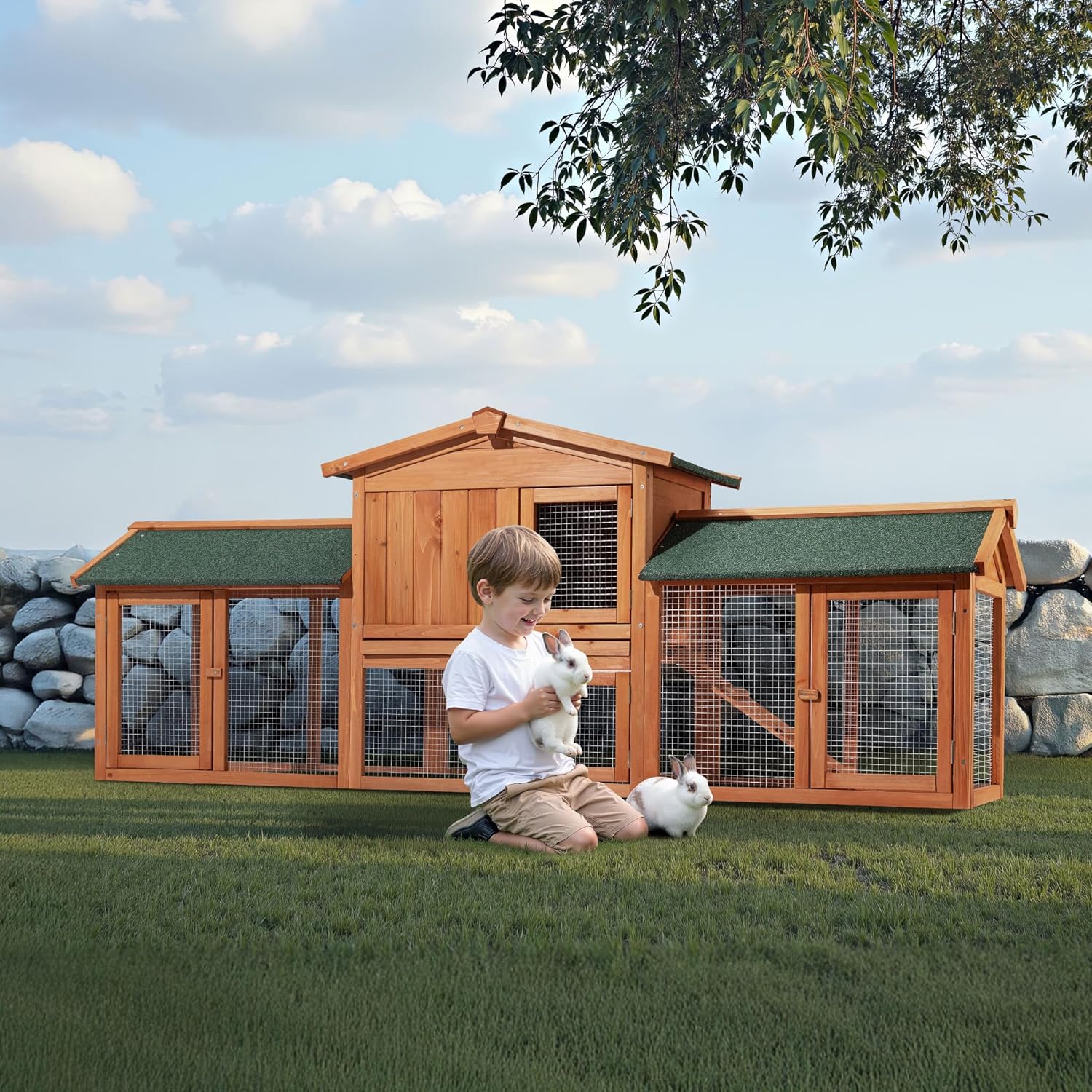 Clapier XXL – 2110 x 530 x 835 mm – Toit bitumé – Bois Sapin – avec Rampe, bac Amovible, enclos – Abri soulevé, Cage pour rongeurs Poulailler Lapinière Nichoir Espace Libre Bois/Vert 211 x 53 x 83 cm