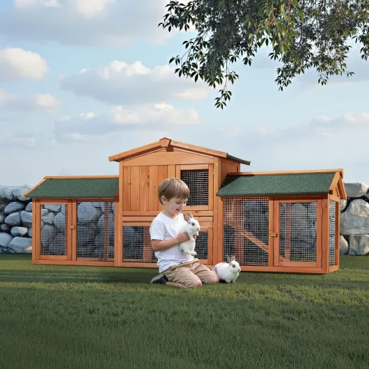 Clapier XXL – 2110 x 530 x 835 mm – Toit bitumé – Bois Sapin – avec Rampe, bac Amovible, enclos – Abri soulevé, Cage pour rongeurs Poulailler Lapinière Nichoir Espace Libre Bois/Vert 211 x 53 x 83 cm