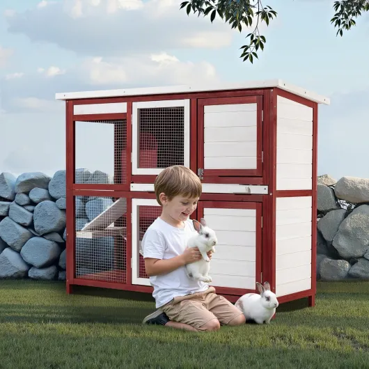 Clapier – 1175 x 410 x 1000 mm – 2 étages – Toit bitumé – Bois Sapin – avec Escaliers et bac Amovible – Abri Cage pour rongeurs Poulailler Lapinière Nichoir Espace Libre