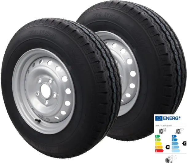 Lot de 2 roues complètes 185R14C 112 x 5, 900 kg, roues 14" 185/14 R 14 C pour remorque 2x