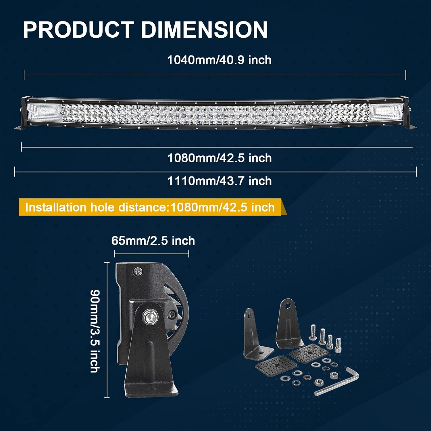 Barre LED,7D Triple Rangée Incurvé 42 Pouces 104cm 540W Rampe a LED Barre avec de Support d'installation magnétique, Hors Route Voiture Véhicules 4x4 SUV ATV Camion 12V 42 pouces 540W+ Support magnétique B