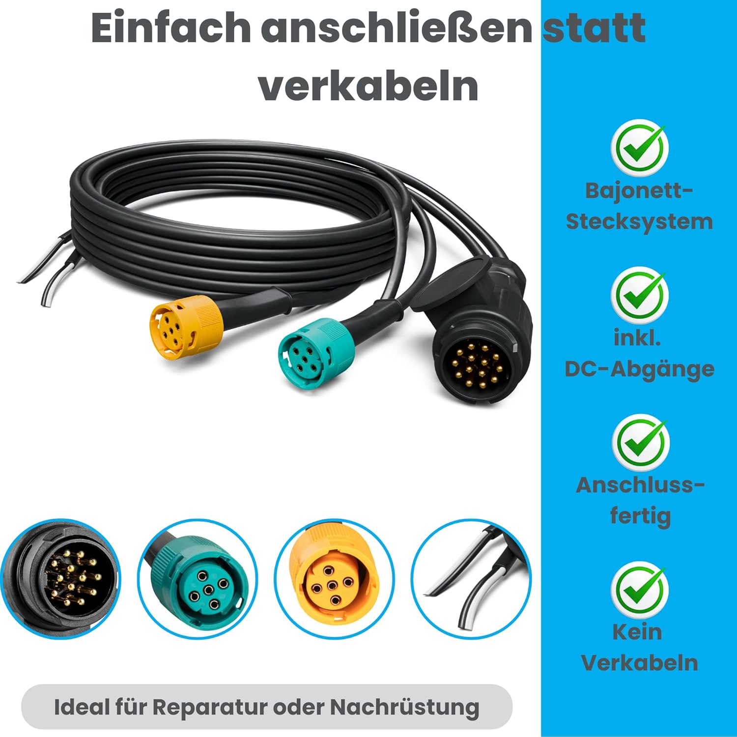 AUTOLIGHT 24 Kit de câbles pour remorque 7 mètres 13 broches + 2 x DC sortie Câblage d'éclairage de remorque Feux arrière Faisceau de câbles avec connecteur à baïonnette