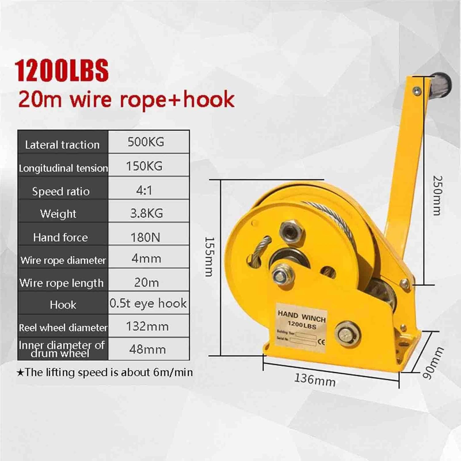 Treuil manuel, treuil portable pour pick-up et remorque, treuil forestier professionnel à manivelle 20m 544 Kg