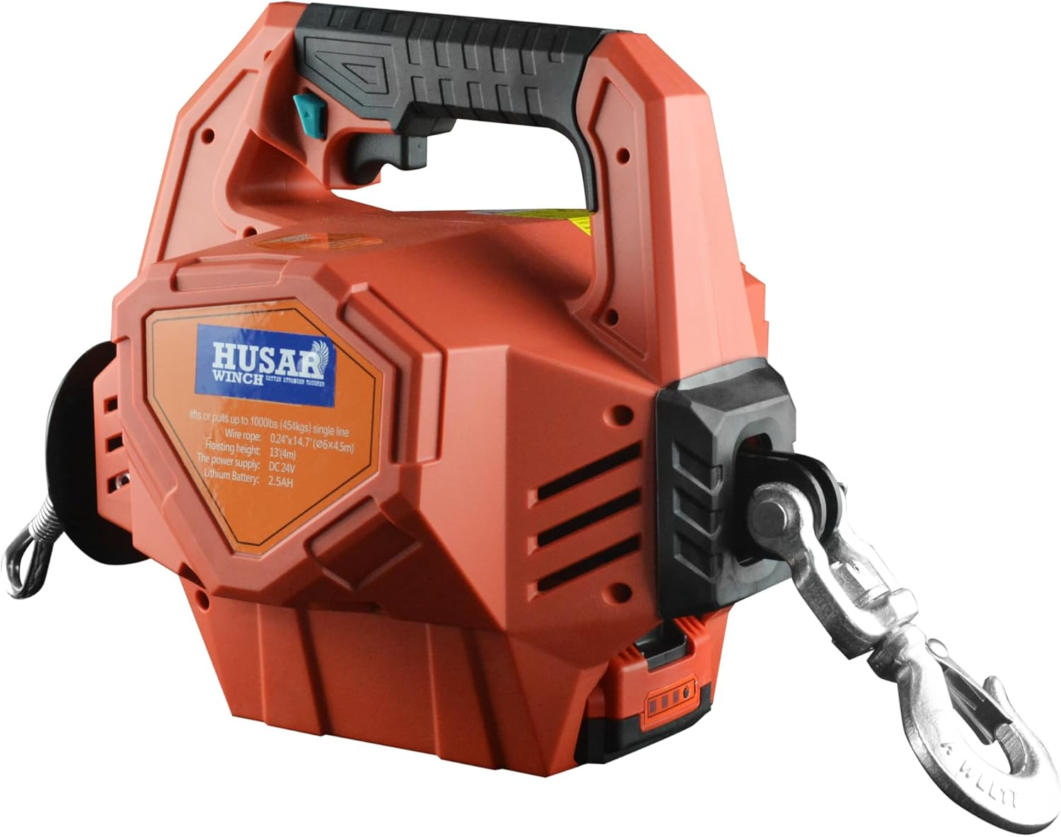 Treuil électrique à batterie portable avec Télécommande sans fil 24 V, 453 kg - 1000 lbs – Treuil avec corde synthétique de 12 m de long, portable pour industrie, remorqueur, remorque