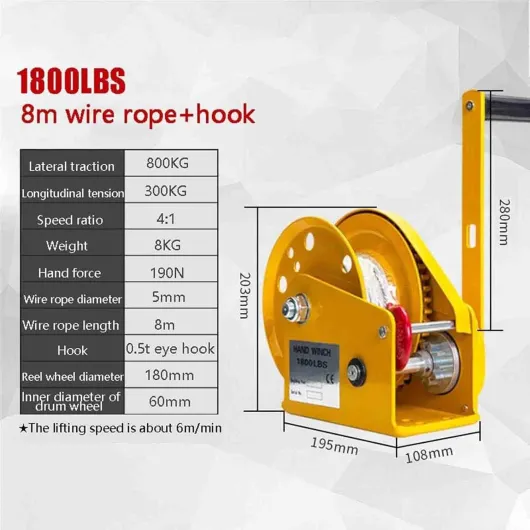 Treuil manuel, treuil portable pour pick-up et remorque, treuil forestier professionnel à manivelle 8m 816,5 Kg